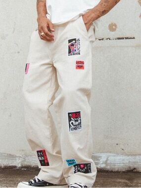 Loiter 28 Patchwork Double Knee Cream Mid Rise Stretch Streetwear Pants